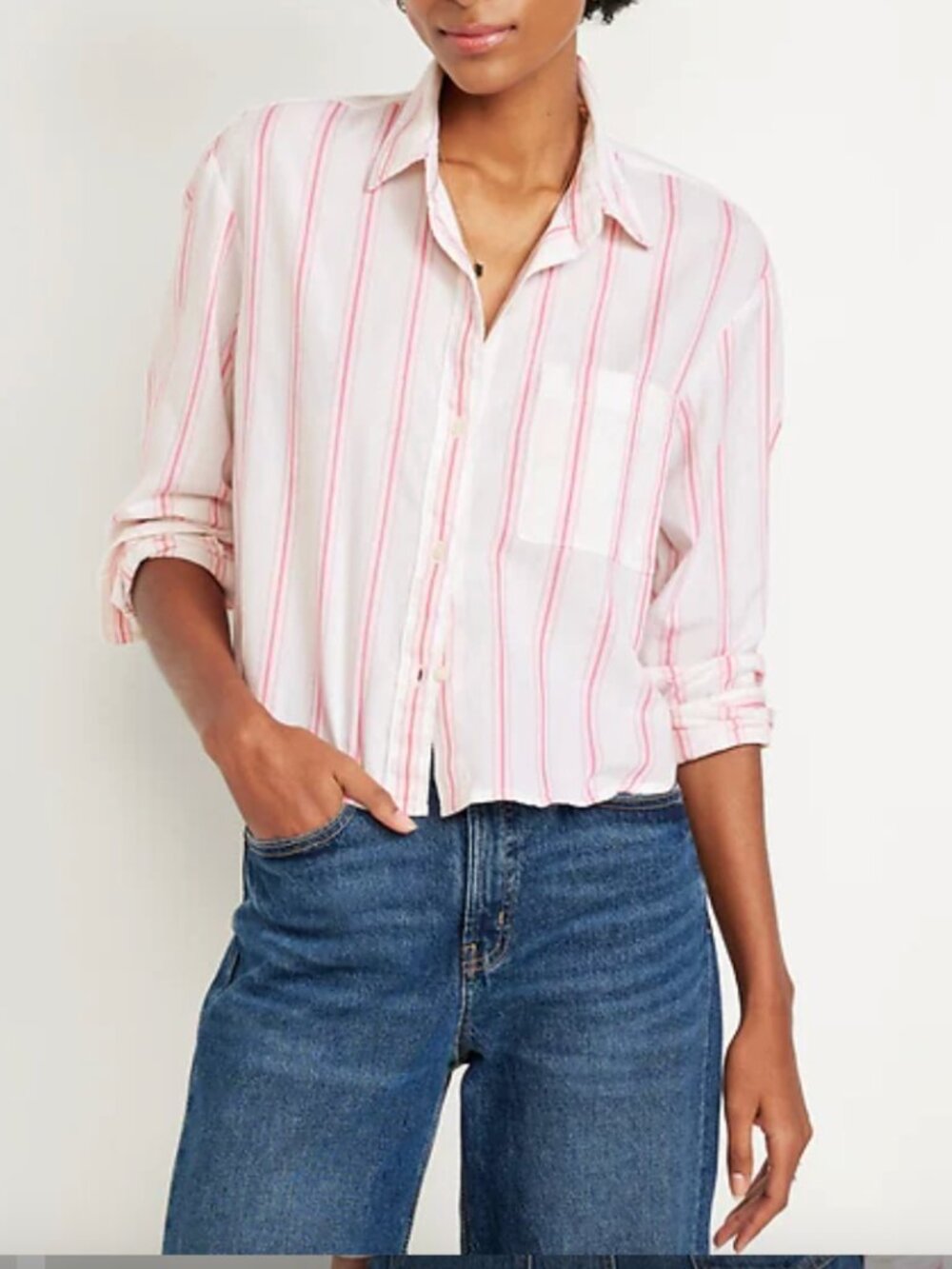 NEW! Old Navy Women's Cropped Button Down Pink/White Striped Shirt Size Medium